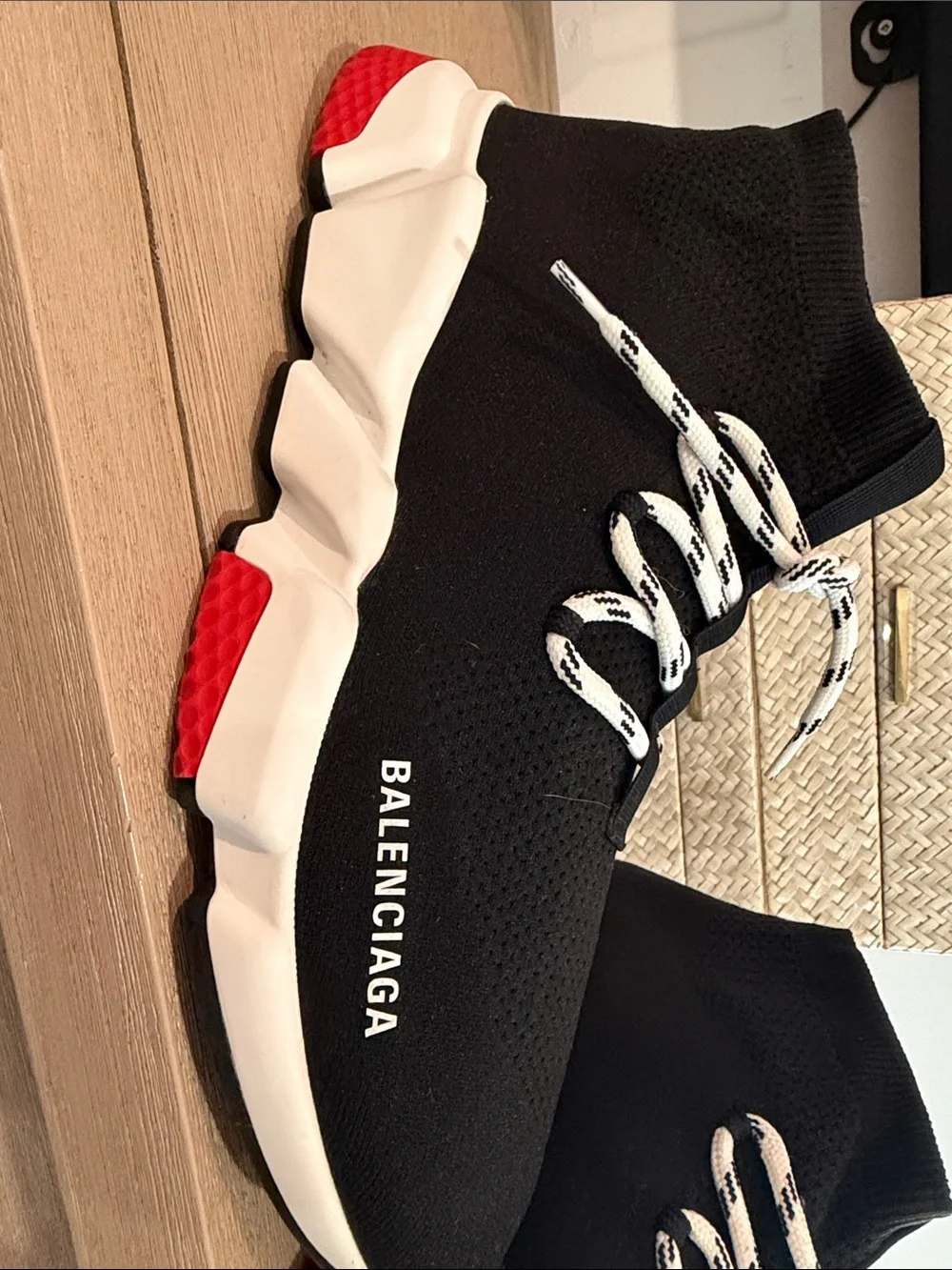 Balenciaga Black Knit Sock Sneakers with Red Sole Accents
